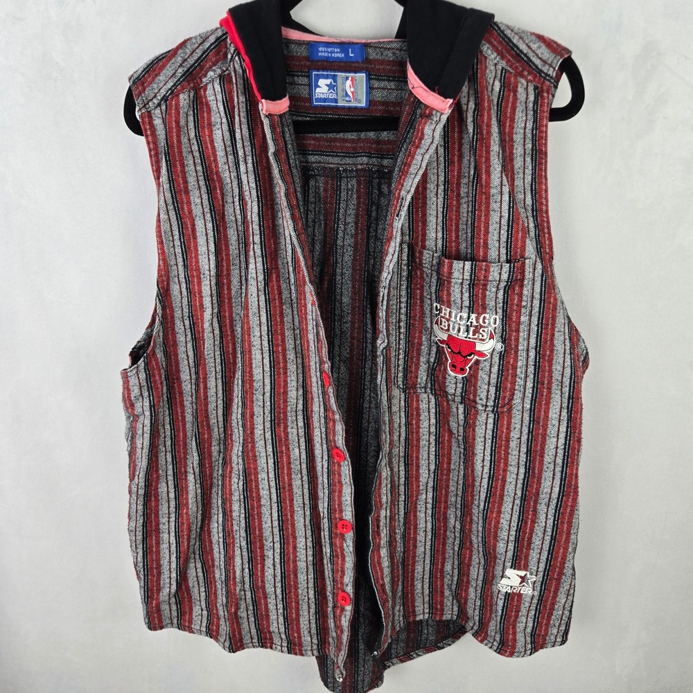 VTG Starter Chicago Bulls Rare Sleeveless Hooded Shirt Mens L NBA Striped Jordan